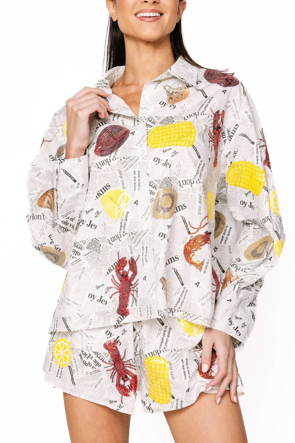 Queen of Sparkles Black & White Seafood on Newspaper Button Up Top