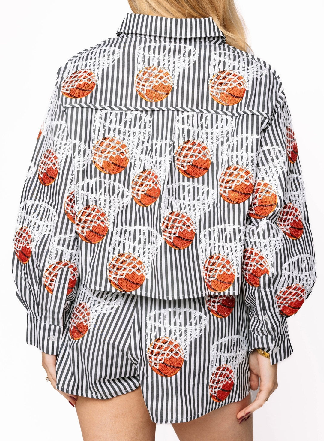 Queen of Sparkles Black & White Stripe Basketball Hoop Button Up Top