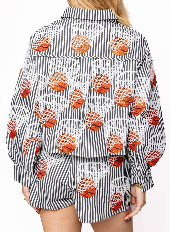 Queen of Sparkles Black & White Stripe Basketball Hoop Button Up Top