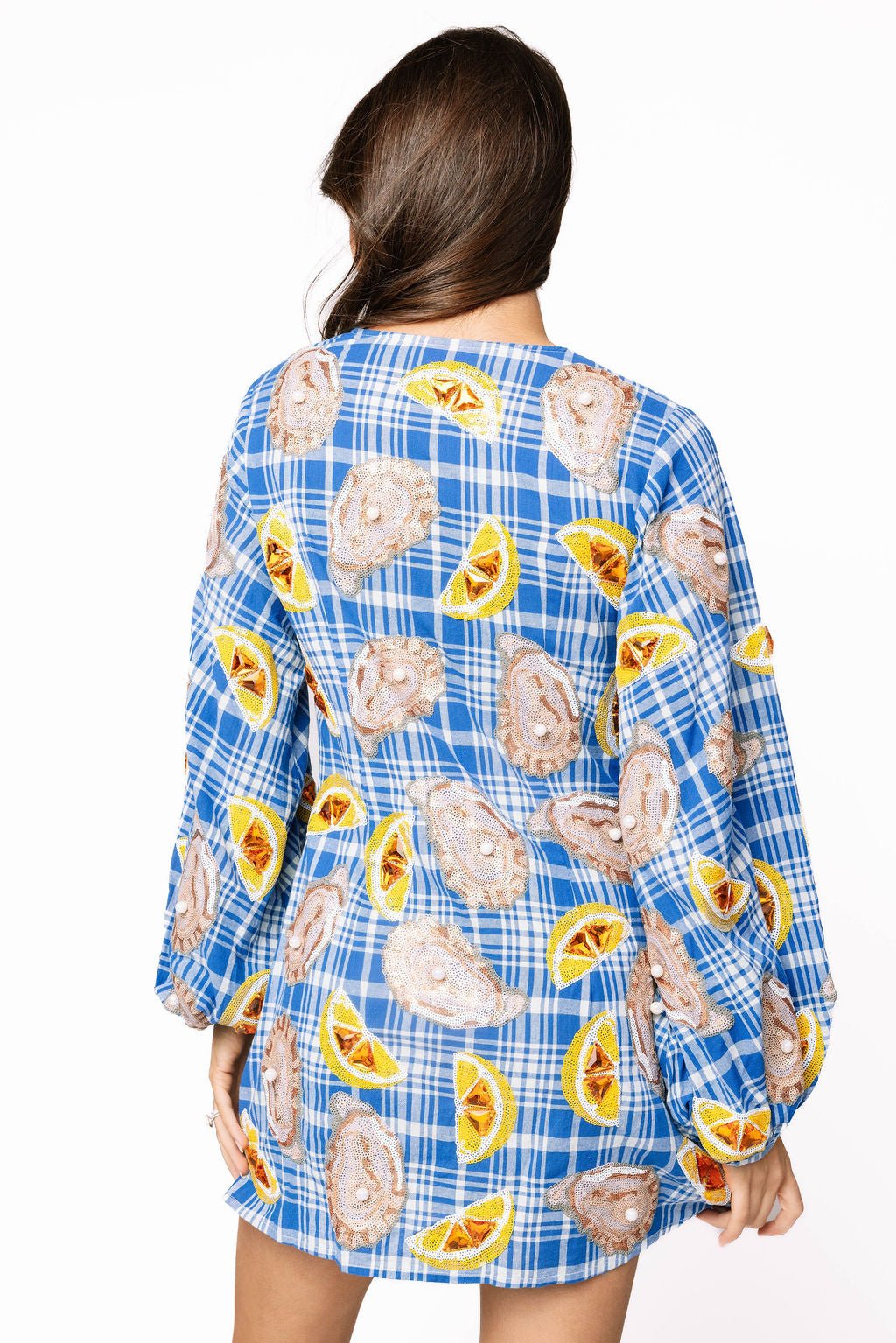 Queen of Sparkles Blue & White Plaid Oyster & Lemons Button Up Dress