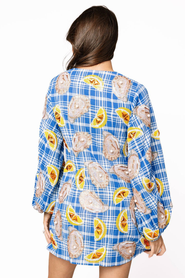 Queen of Sparkles Blue & White Plaid Oyster & Lemons Button Up Dress