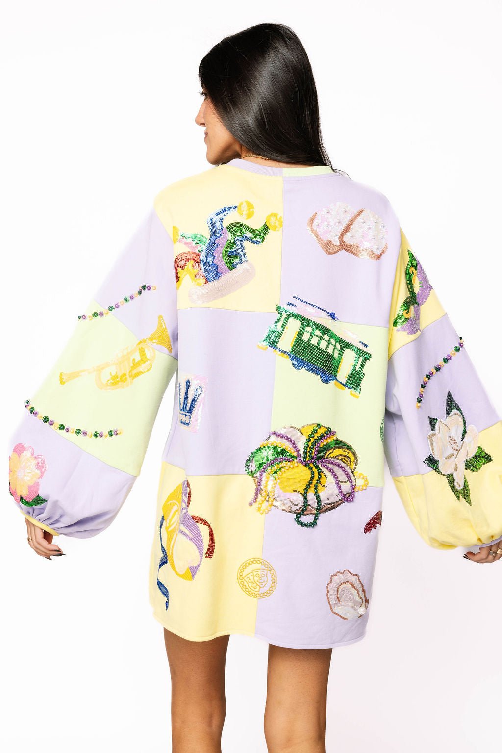 Queen of Sparkles Checkered Mardi Gras Icon Balloon Sleeve Dress