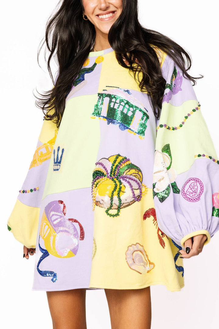 Queen of Sparkles Checkered Mardi Gras Icon Balloon Sleeve Dress