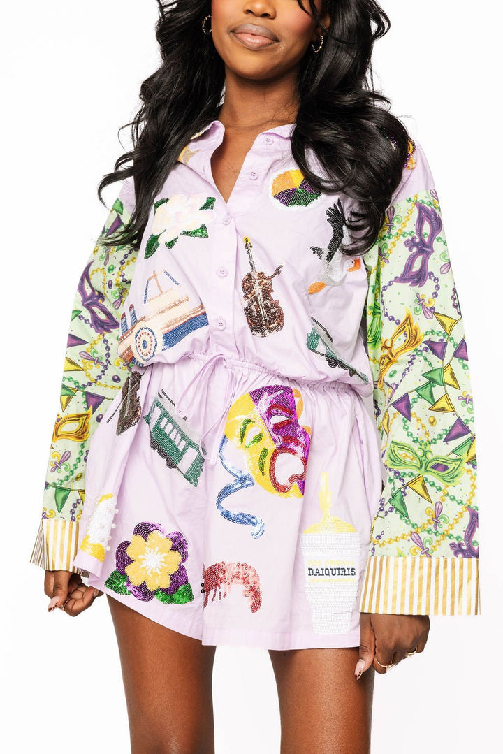 Queen of Sparkles Colorblock Print Mardi Gras Icon Button Up Romper