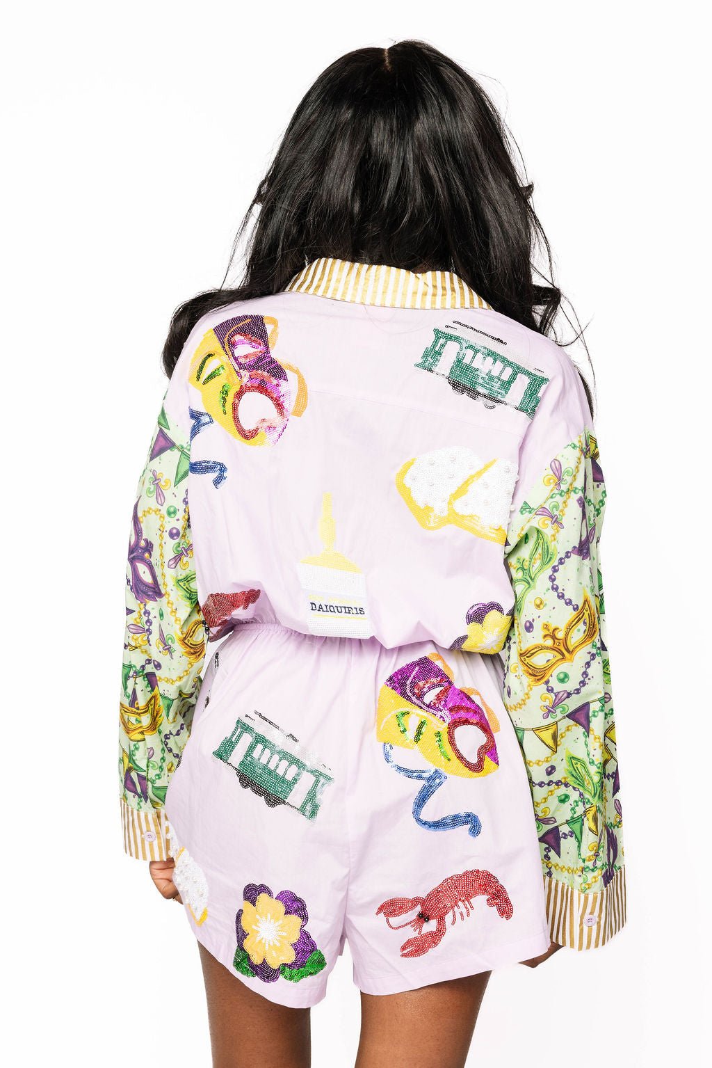 Queen of Sparkles Colorblock Print Mardi Gras Icon Button Up Romper