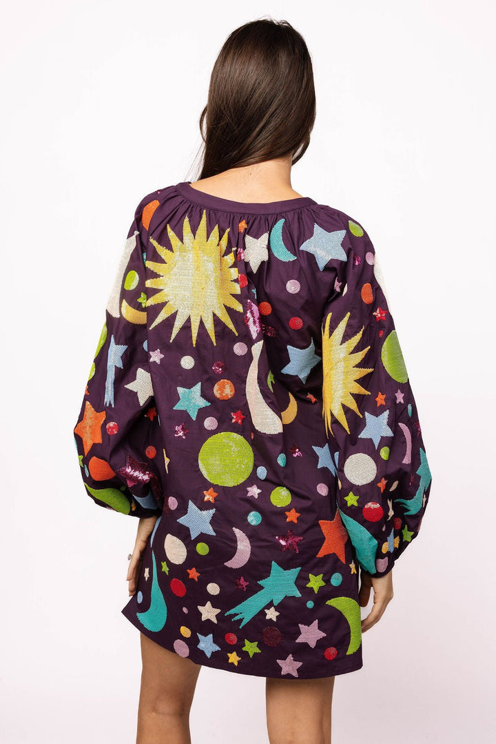 Queen of Sparkles Dark Purple  Multi Galaxy Button Up Cotton Bubble Sleeve Dress