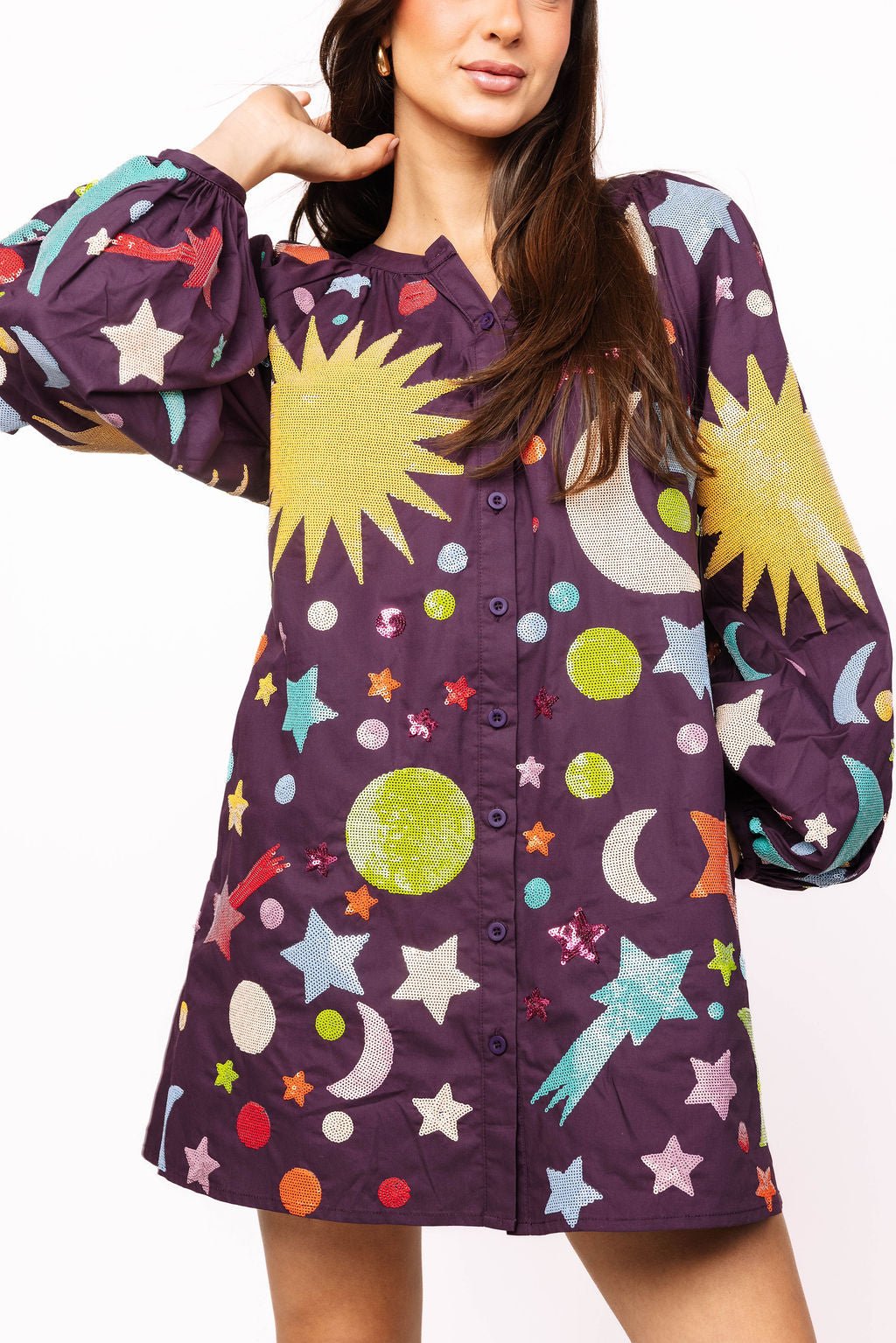 Queen of Sparkles Dark Purple  Multi Galaxy Button Up Cotton Bubble Sleeve Dress