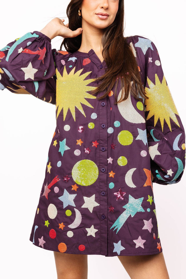 Queen of Sparkles Dark Purple  Multi Galaxy Button Up Cotton Bubble Sleeve Dress
