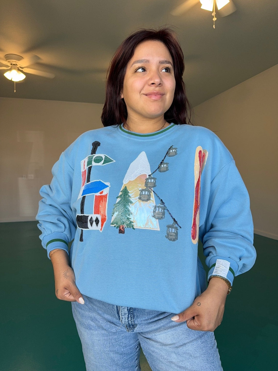 Queen of Sparkles Dusty Blue 'Ski' Icon Letter Sweatshirt