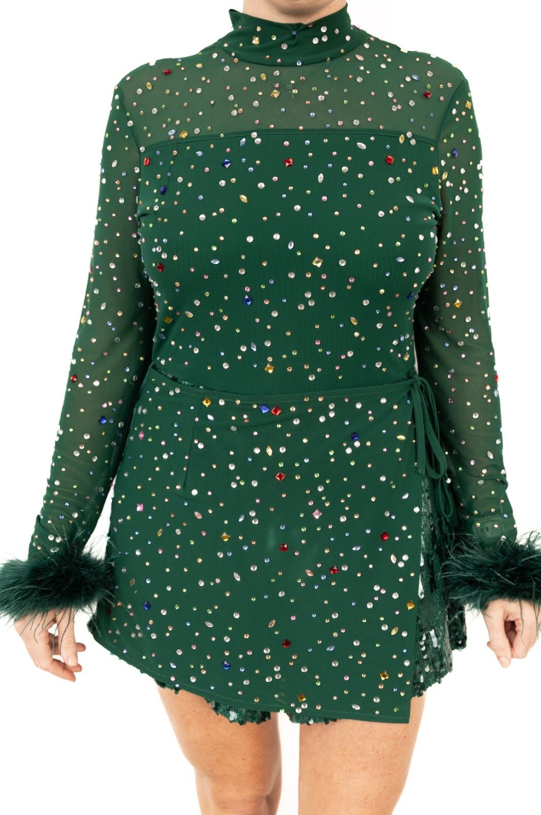 Queen of Sparkles Emerald Feather Sleeve Multi Rhinestone Sequin Short Romper