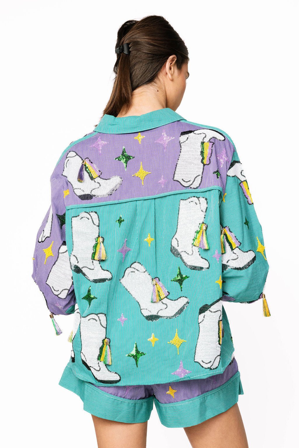 Queen of Sparkles Green &
Purple Stripe
Colorblock Mardi Gras
Boot Button Up Collar Top