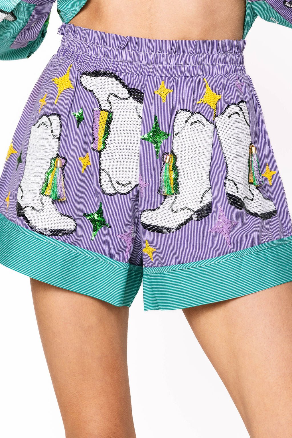 Queen of Sparkles Green &
Purple Stripe
Colorblock Mardi Gras Boot Shorts