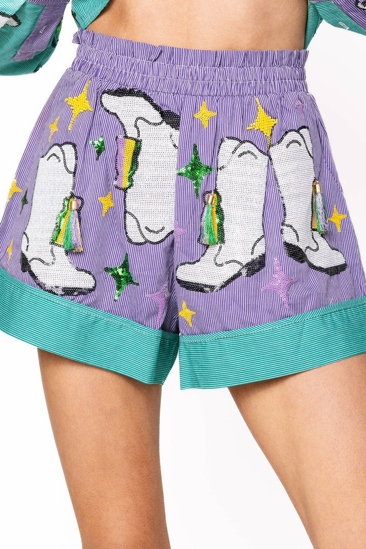 Queen of Sparkles Green &
Purple Stripe
Colorblock Mardi Gras Boot Shorts