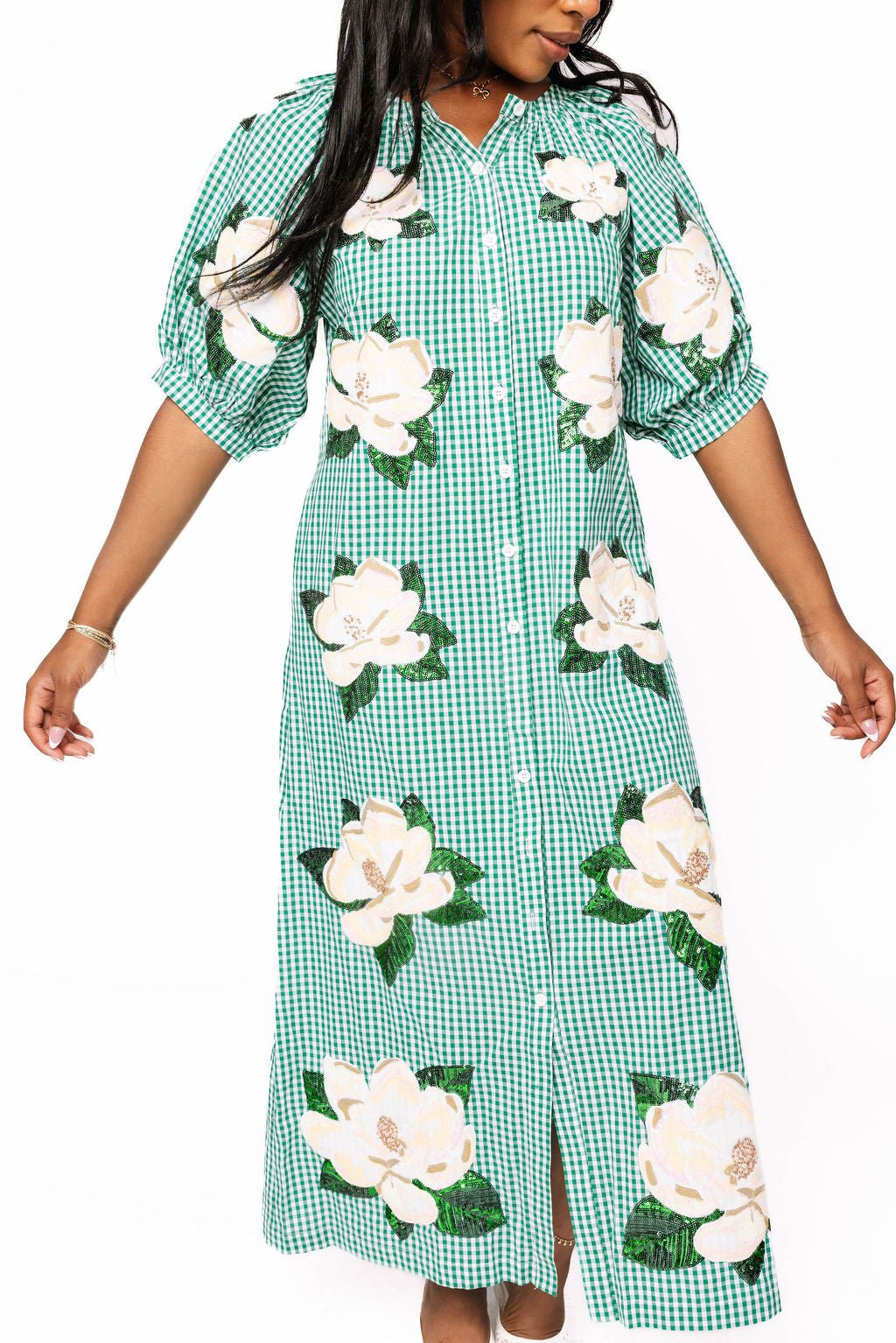 Queen of Sparkles Green & White Gingham Magnolia Button Up Cotton Midi Dress