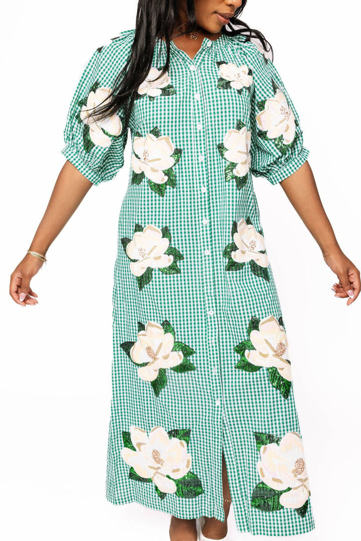 Queen of Sparkles Green & White Gingham Magnolia Button Up Cotton Midi Dress