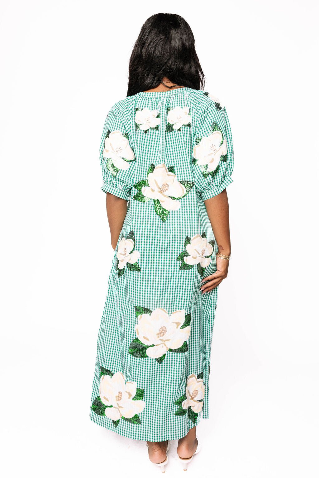 Queen of Sparkles Green & White Gingham Magnolia Button Up Cotton Midi Dress