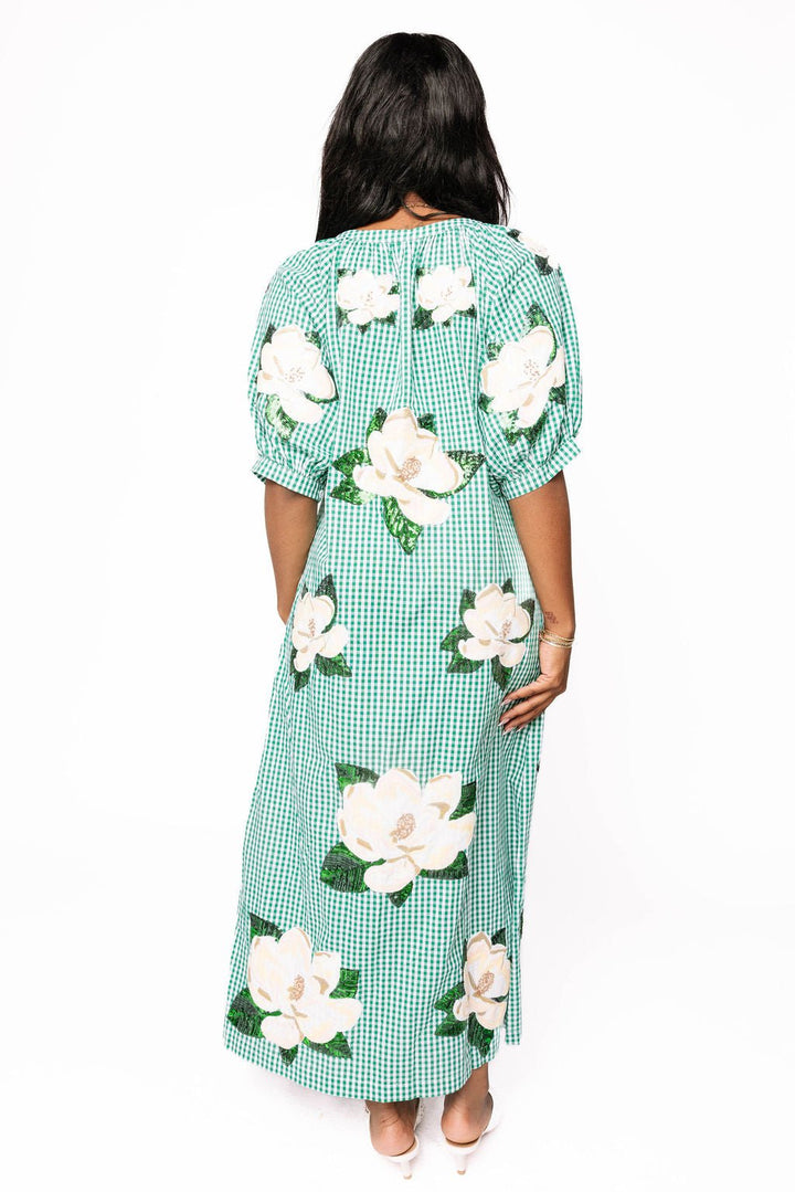 Queen of Sparkles Green & White Gingham Magnolia Button Up Cotton Midi Dress