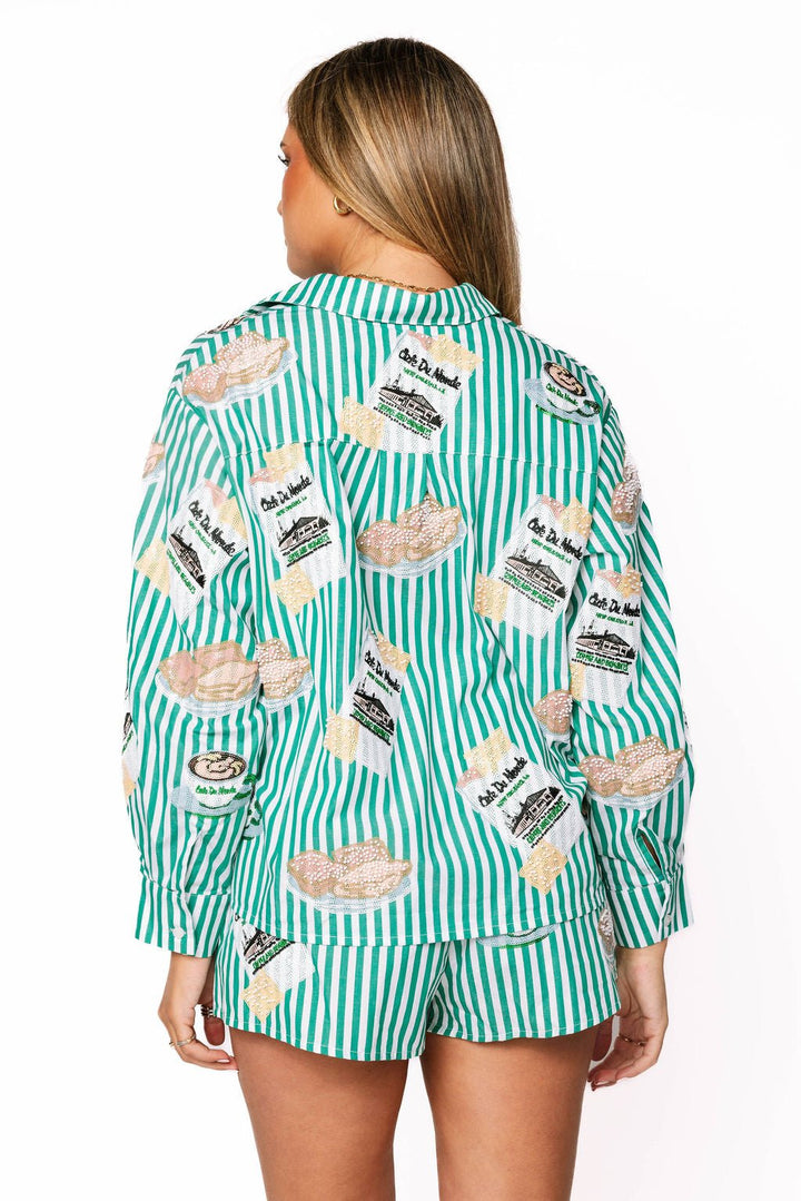 Queen of Sparkles Green & White Stripe Café Du Monde Icon Button Up Top
