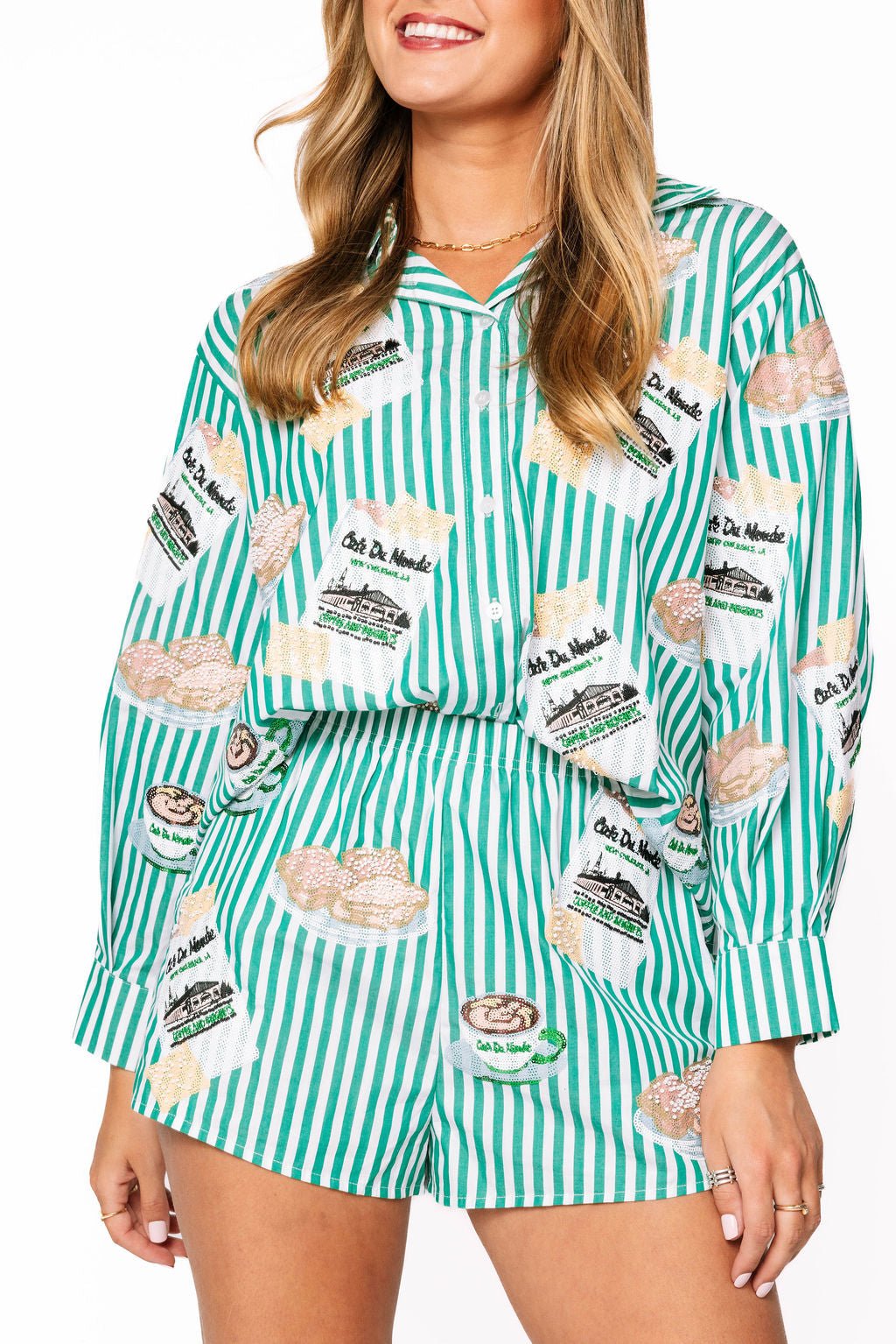Queen of Sparkles Green & White Stripe Café Du Monde Icon Button Up Top