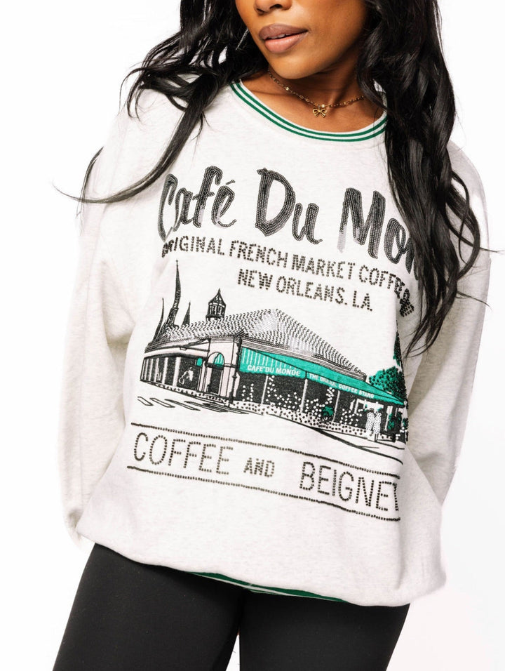 Queen of Sparkles Grey Sport Stripe 'Cafe Du Monde' Sweatshirt