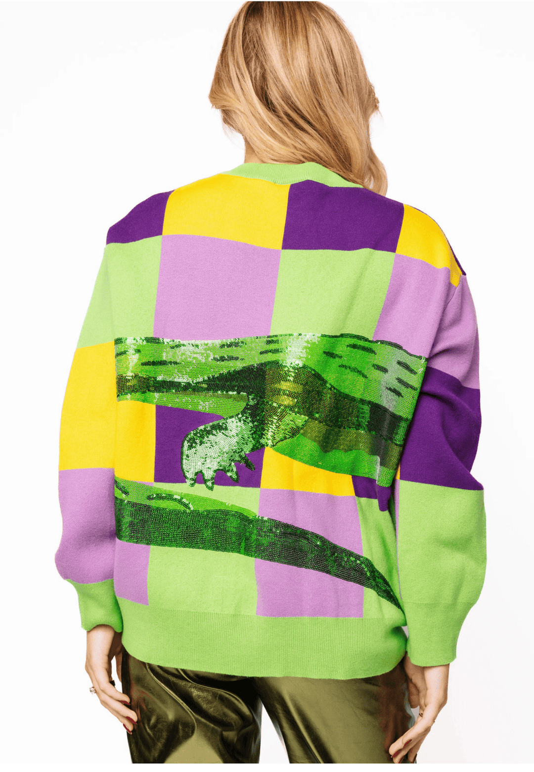 Queen of Sparkles Mardi Gras Checkered Alligator Queen Sweater
