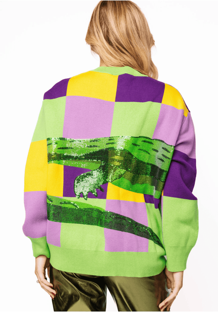 Queen of Sparkles Mardi Gras Checkered Alligator Queen Sweater