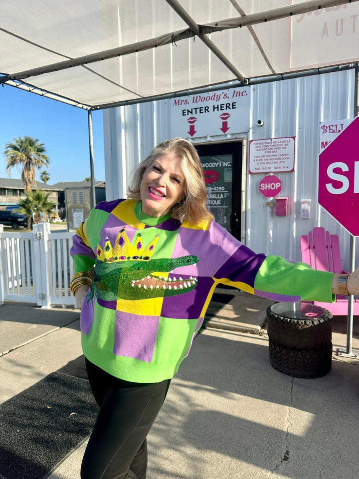 Queen of Sparkles Mardi Gras Checkered Alligator Queen Sweater