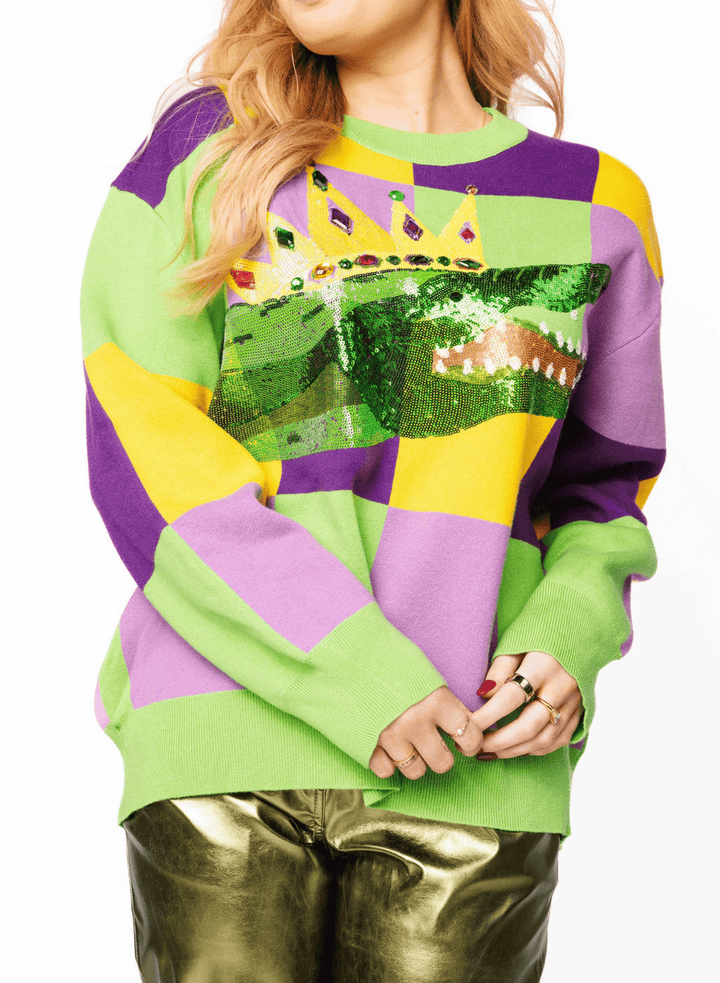 Queen of Sparkles Mardi Gras Checkered Alligator Queen Sweater