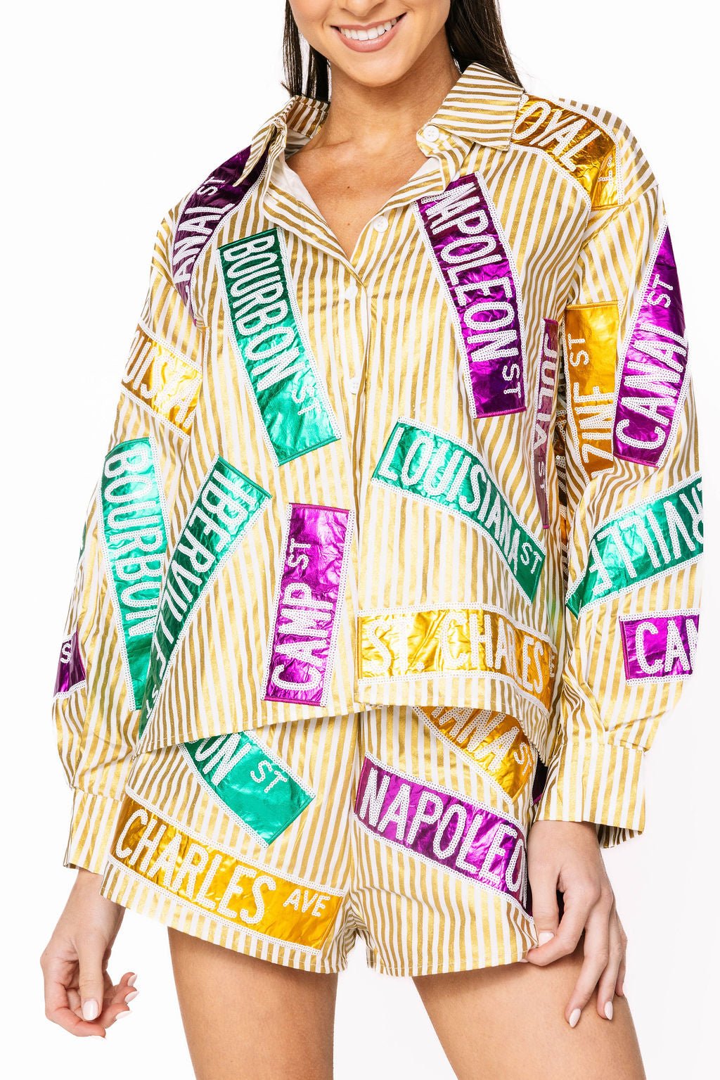 Queen of Sparkles Metallic Gold Stripe Nola Street Signs Button Up Top