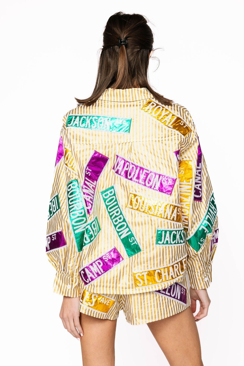 Queen of Sparkles Metallic Gold Stripe Nola Street Signs Button Up Top