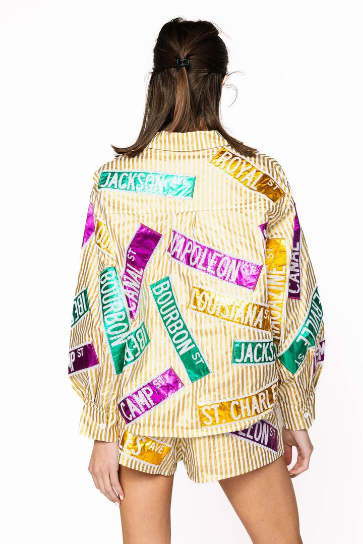 Queen of Sparkles Metallic Gold Stripe Nola Street Signs Button Up Top