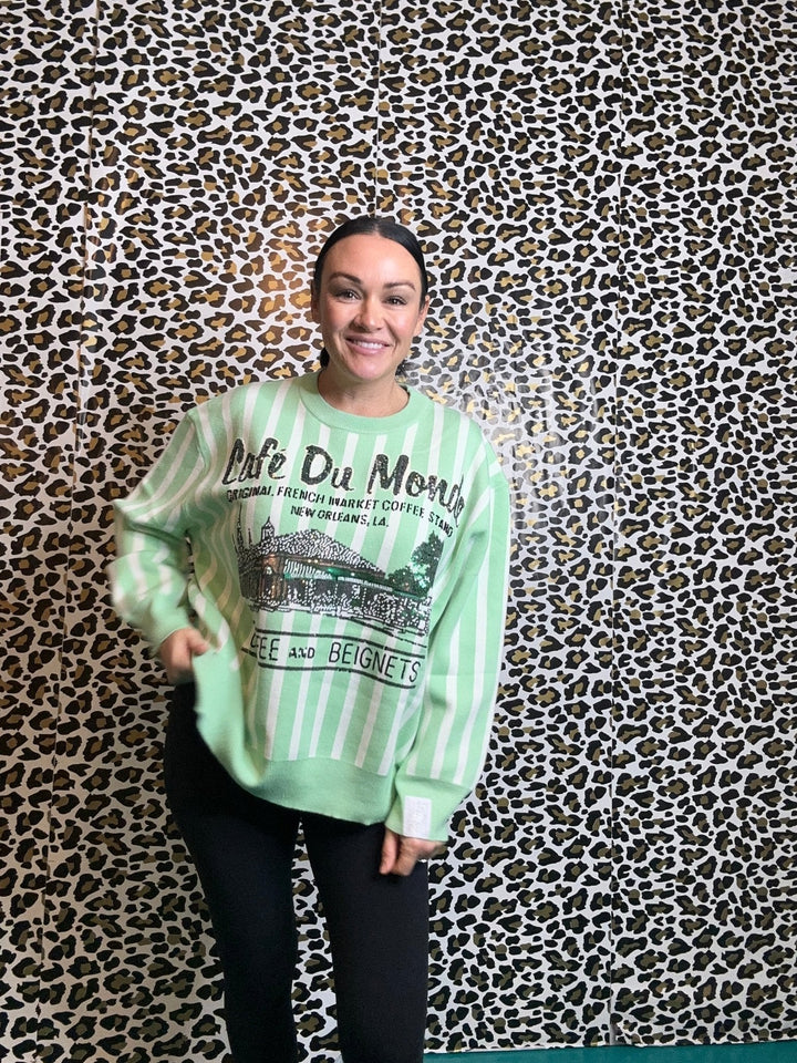 Queen of Sparkles Mint & White Striped 'Cafe Du Monde' Sweater