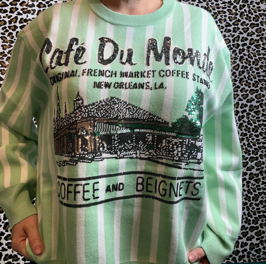 Queen of Sparkles Mint & White Striped 'Cafe Du Monde' Sweater