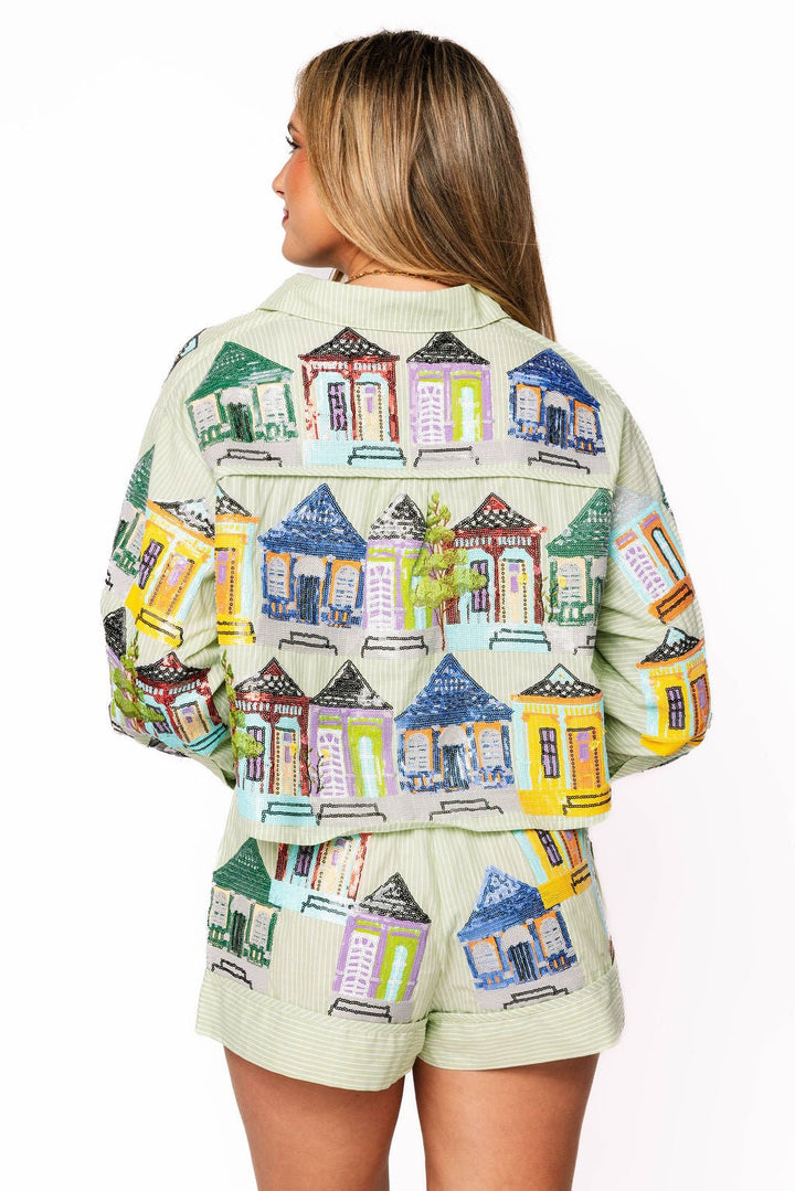 Queen of Sparkles Pale Green Nola Porches Button Up Cotton Top