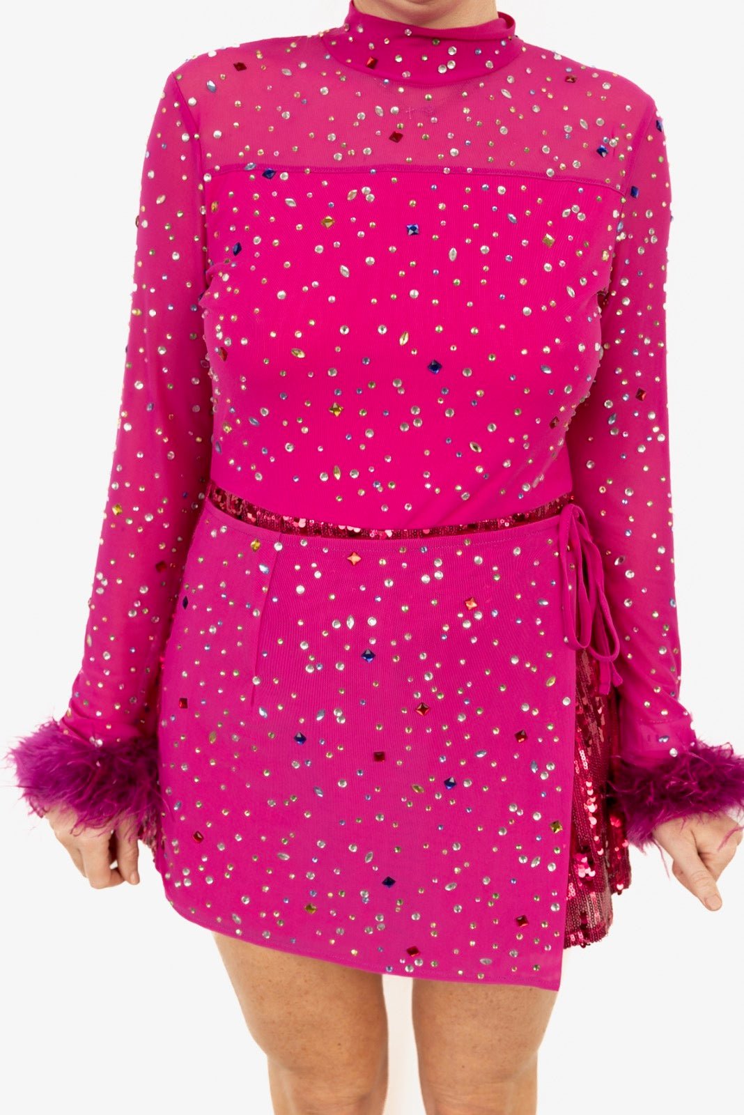 Queen of Sparkles Pink Feather Sleeve Multi Rhinestone Sequin Short Romper