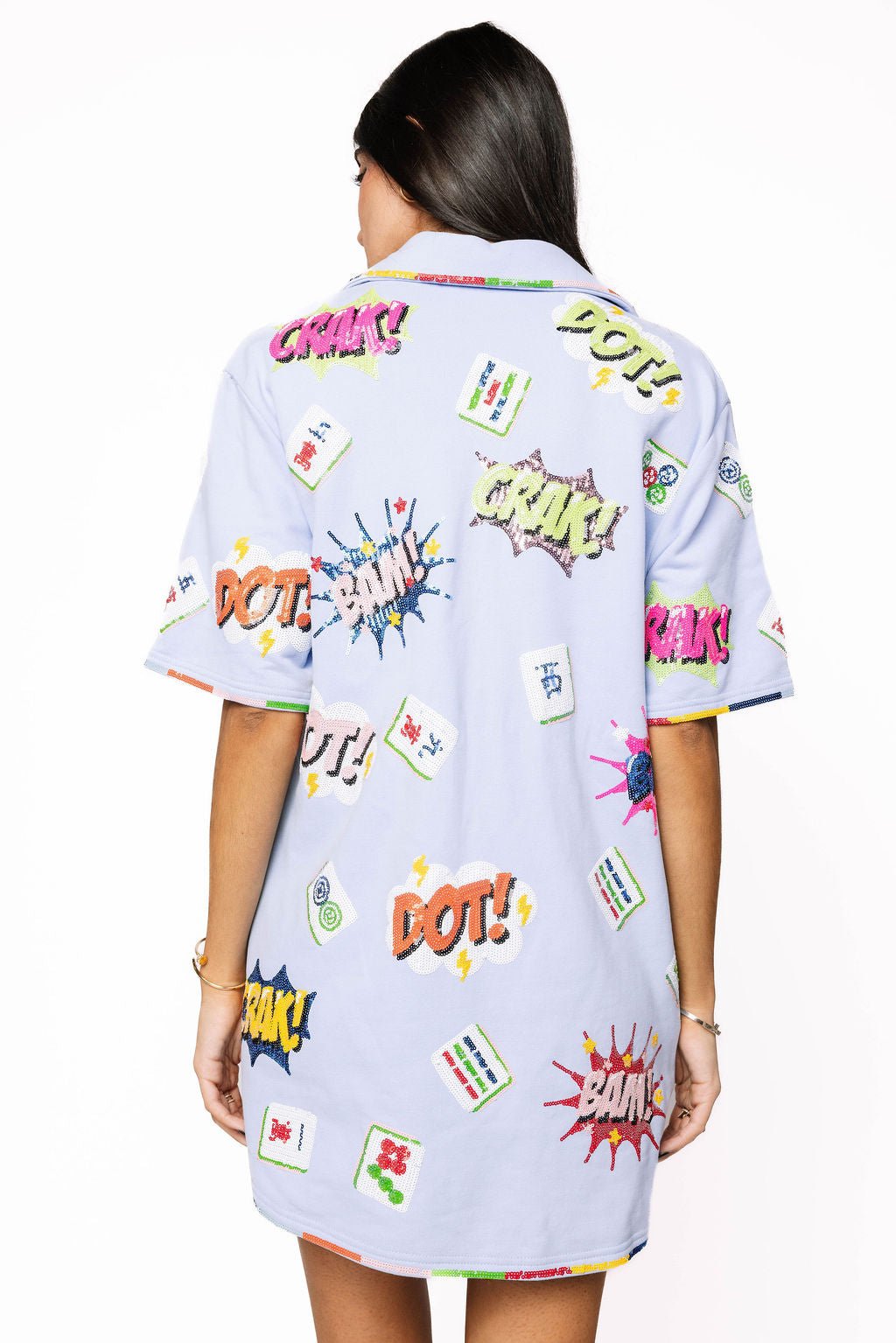 Queen of Sparkles Powder Blue Mahjong Icon Collar Rainbow Trim Dress