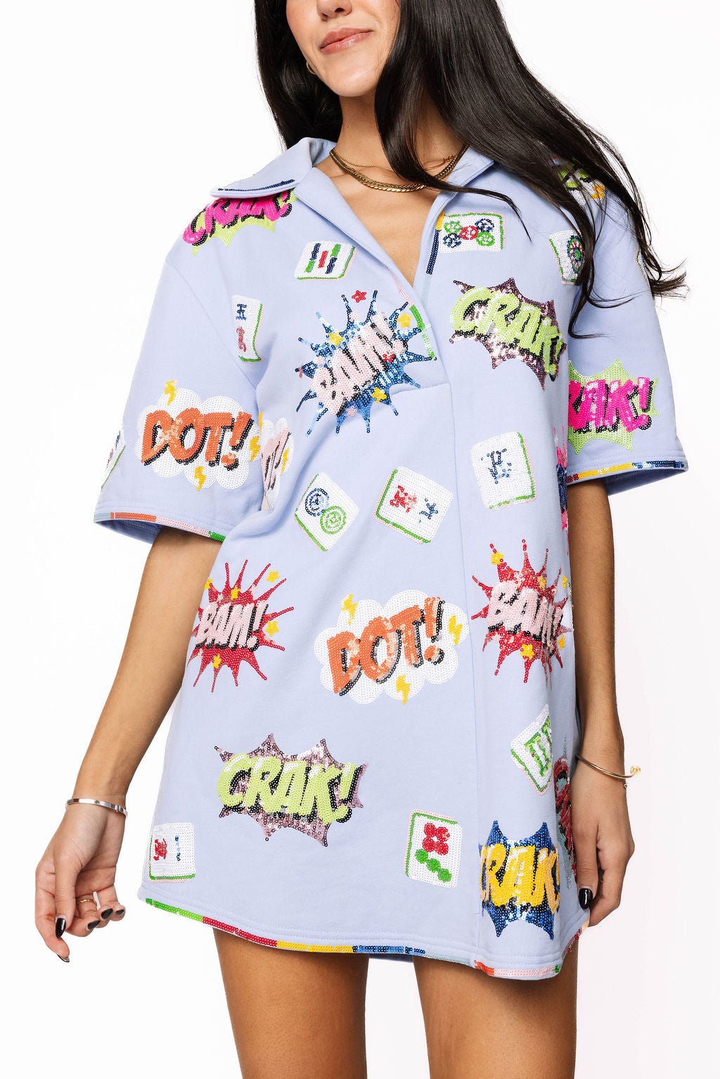 Queen of Sparkles Powder Blue Mahjong Icon Collar Rainbow Trim Dress