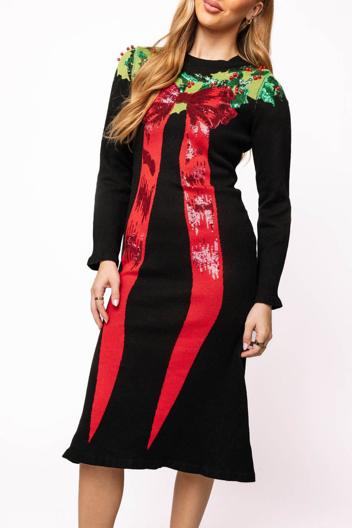 Queen of Sparkles QOS Black ,Green, Red Sequin Wreath with Bow Knit Midi Dress