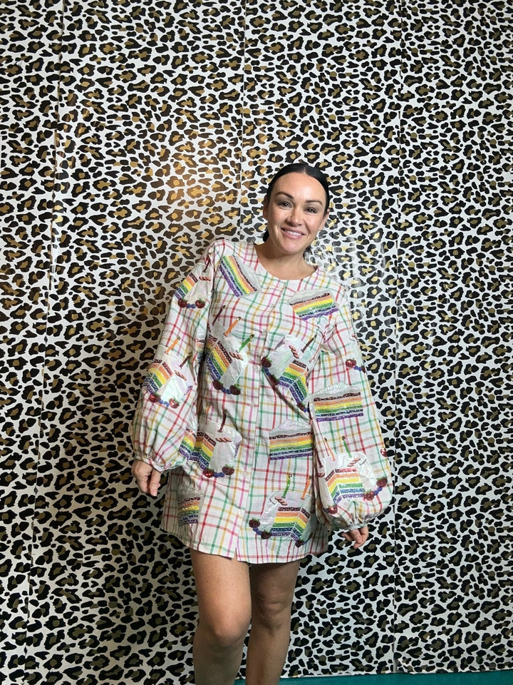Queen of Sparkles Rainbow Plaid Birthday Cake Button Up Cotton Dress