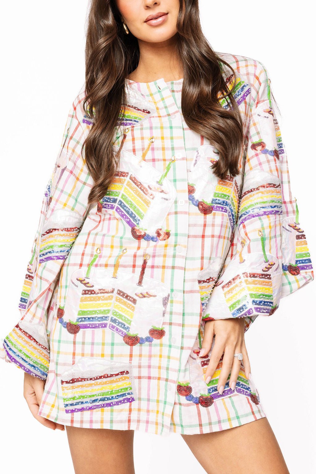 Queen of Sparkles Rainbow Plaid Birthday Cake Button Up Cotton Dress