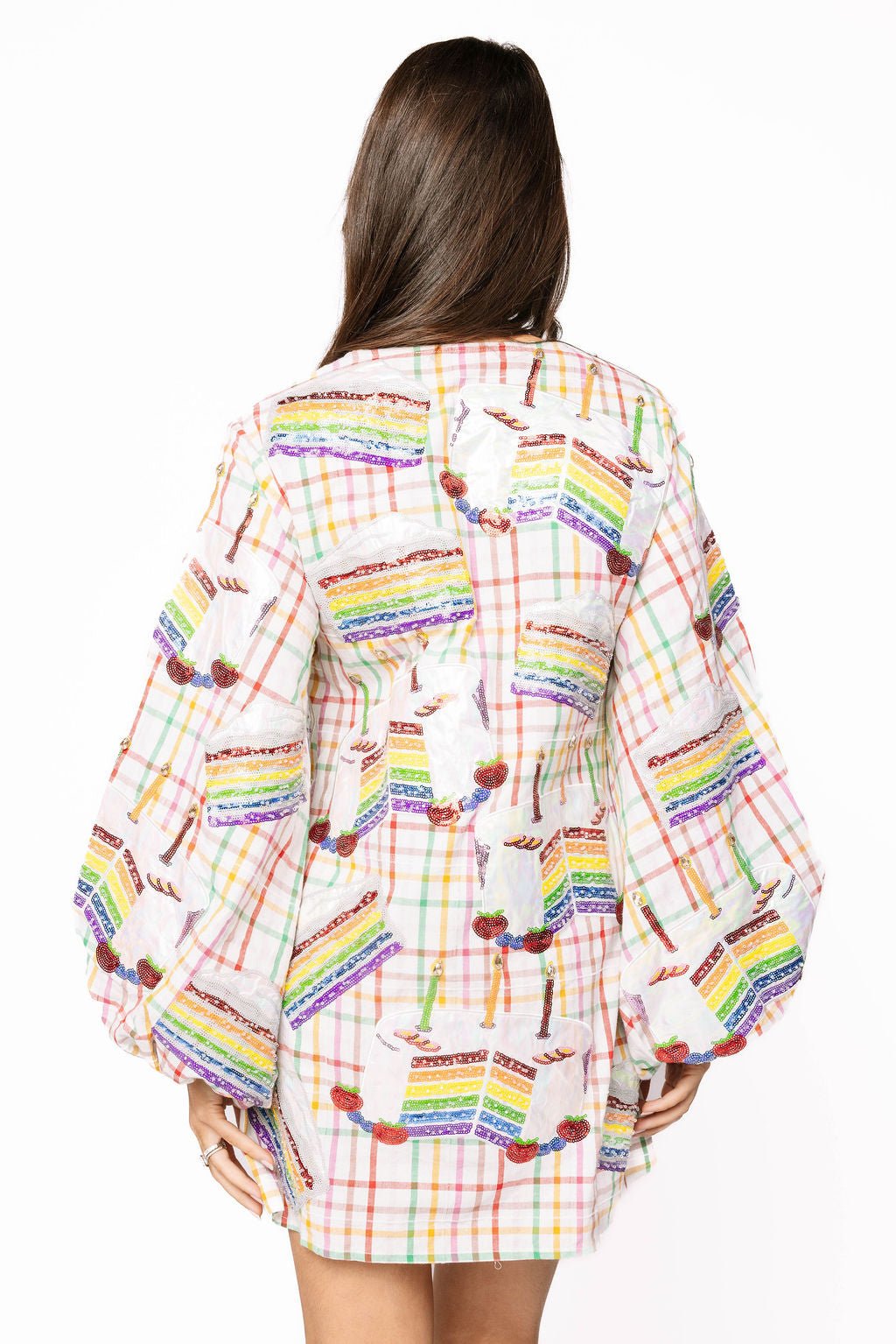 Queen of Sparkles Rainbow Plaid Birthday Cake Button Up Cotton Dress