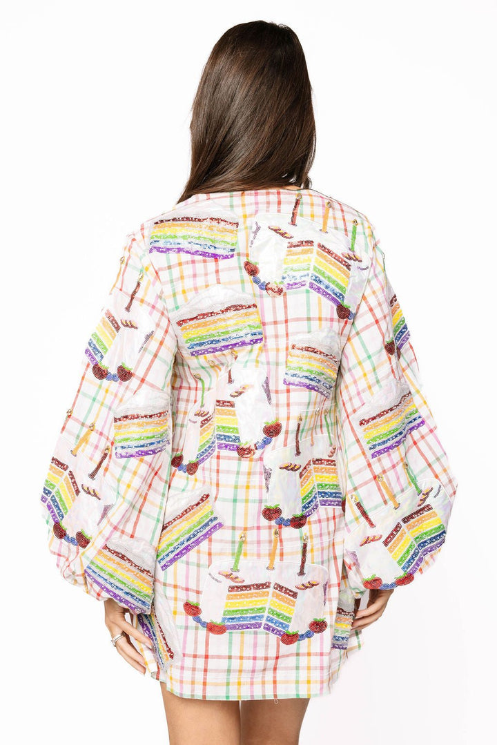 Queen of Sparkles Rainbow Plaid Birthday Cake Button Up Cotton Dress