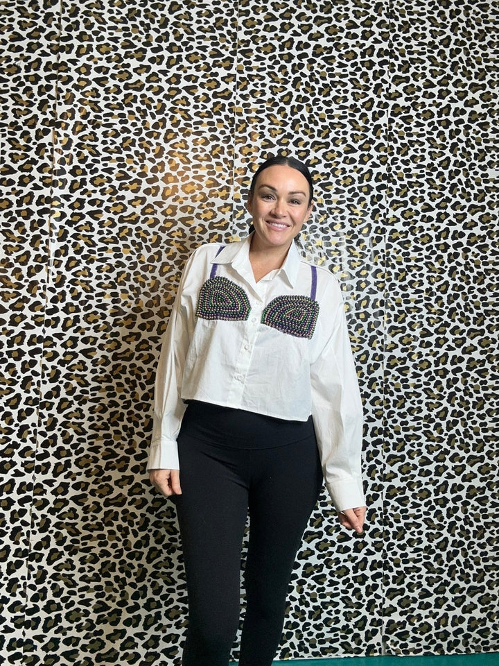 Queen of Sparkles White Mardi Gras Beaded Bikini Button Up Cotton Top