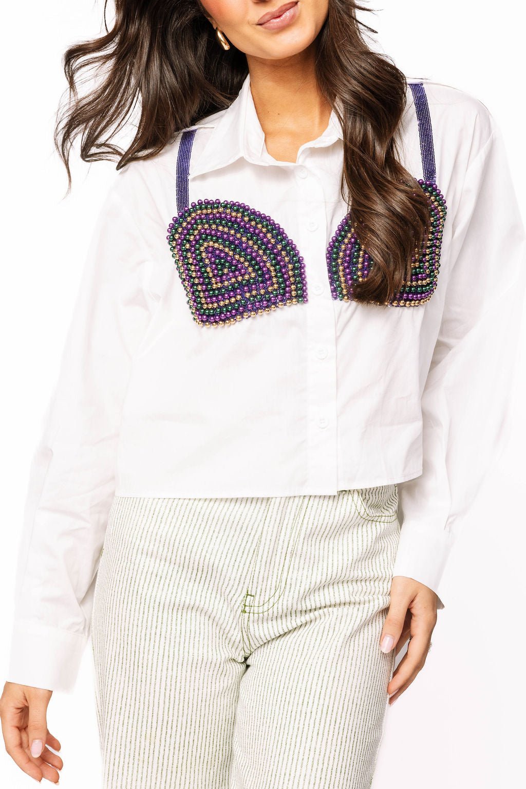 Queen of Sparkles White Mardi Gras Beaded Bikini Button Up Cotton Top