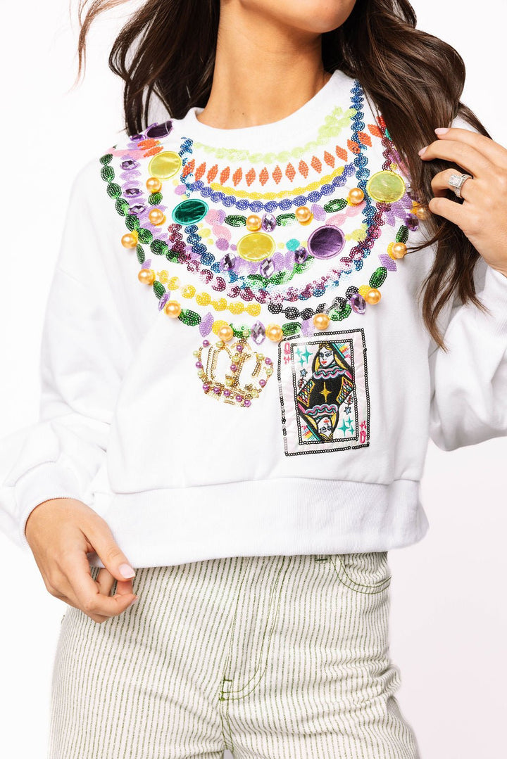 Queen of Sparkles White Mardi Gras Queen Beads Sweatshirt