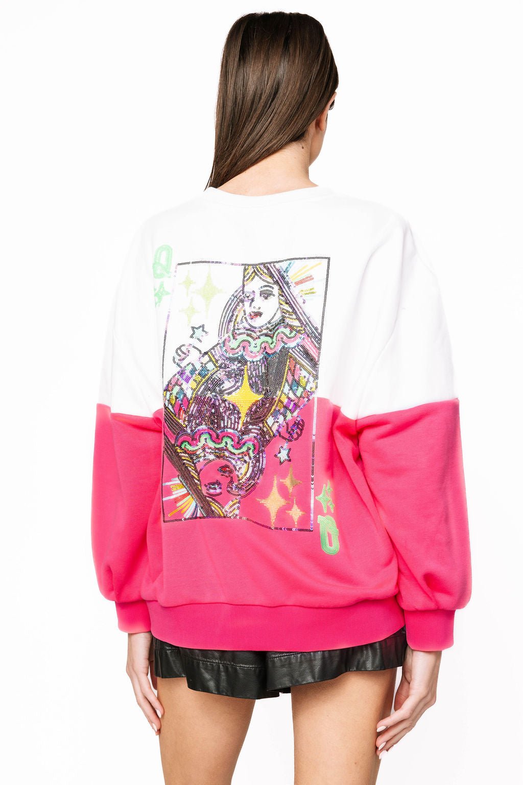 Queen of Sparkles White & Neon Pink Colorblock QOS Logo Sweatshirt