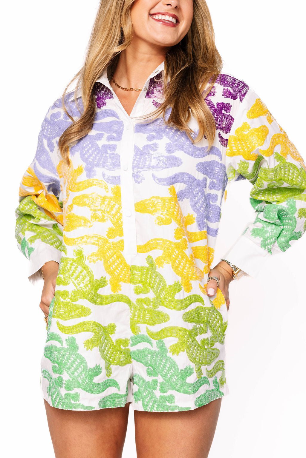 Queen of Sparkles White, Purple, Yellow, & Green Alligator Button Up Cotton Romper
