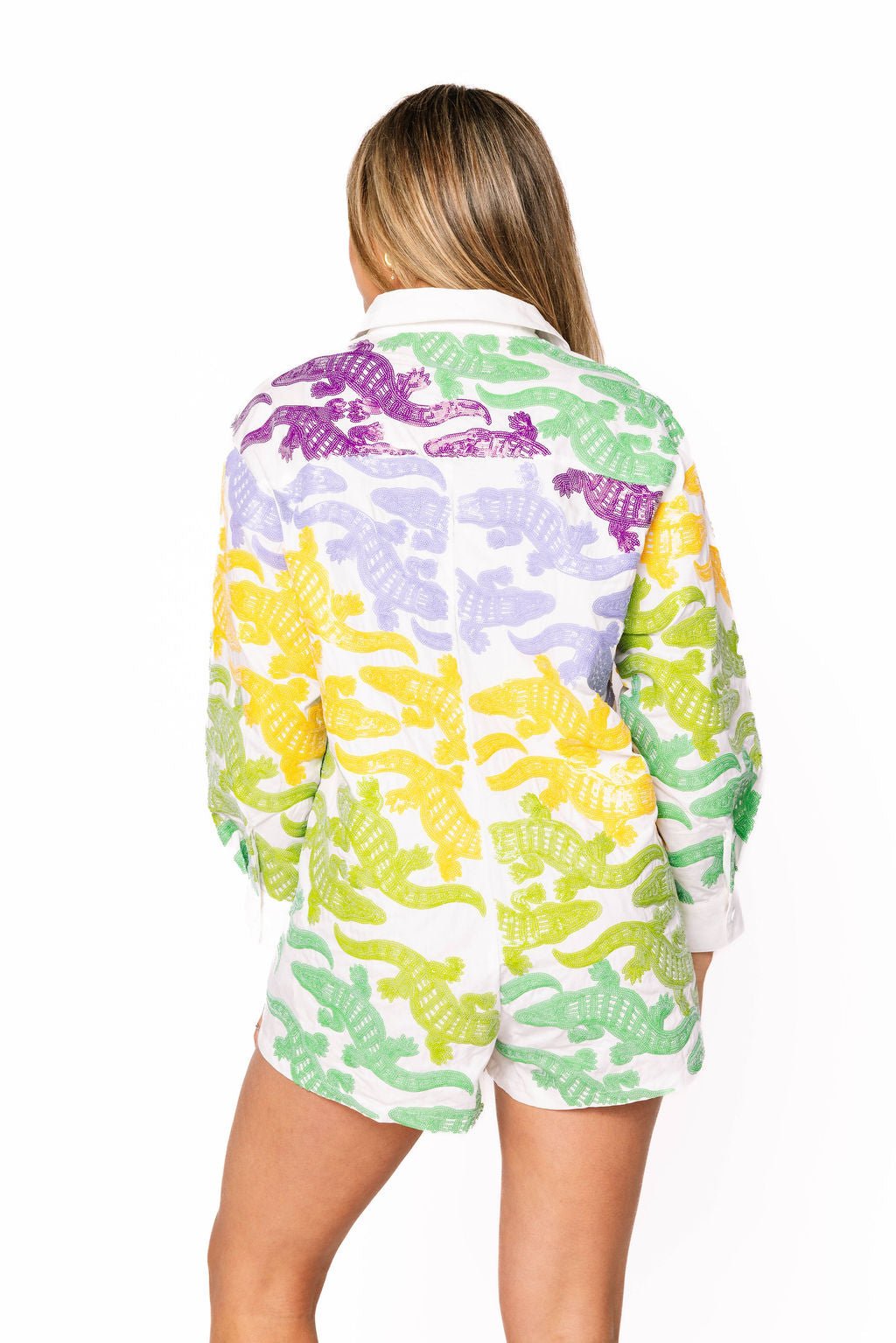 Queen of Sparkles White, Purple, Yellow, & Green Alligator Button Up Cotton Romper