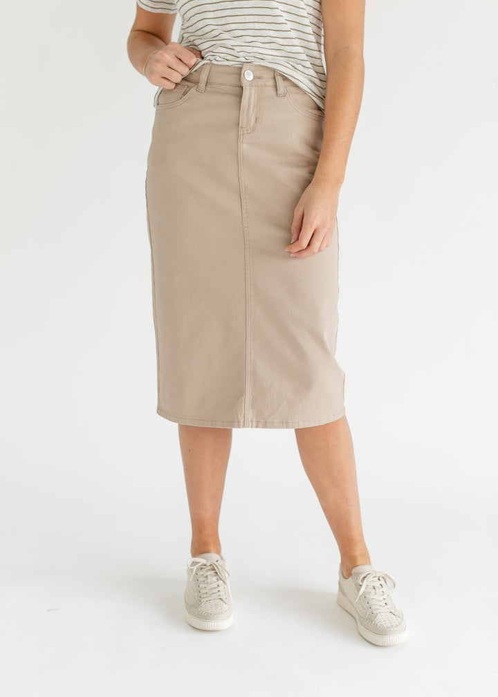 Remi Simply Taupe Denim Midi Skirt