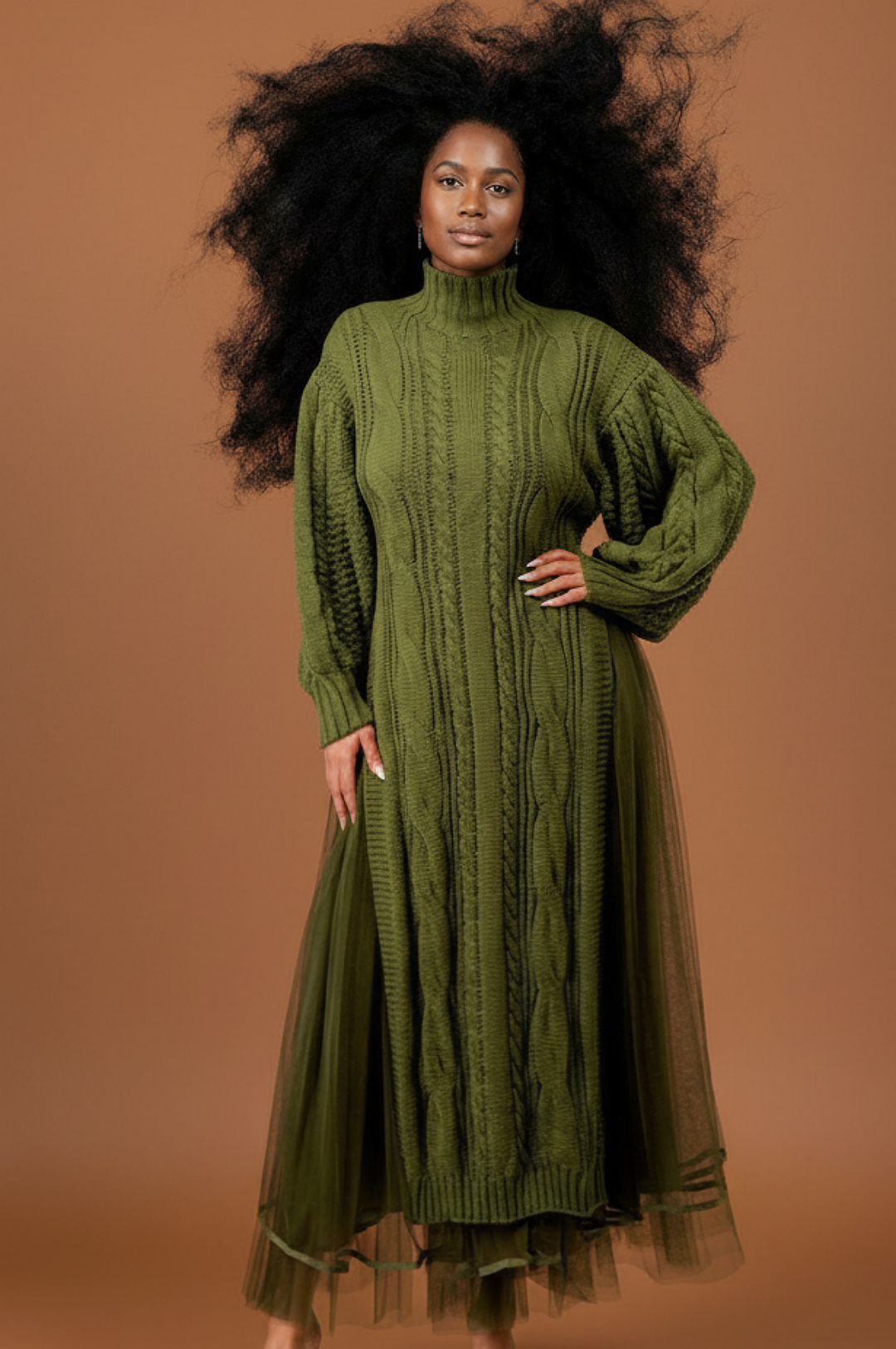 Olive Green Knit Tulle Two Piece Skirt Set